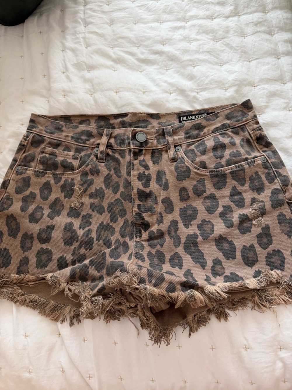Blank NYC Leopard-Print Frayed Hem Denim Shorts - Brown/Black